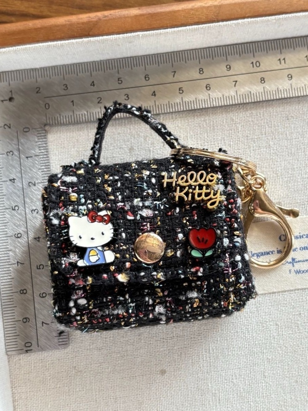 Hello Kitty Black Tweed Charm Keychain Purse